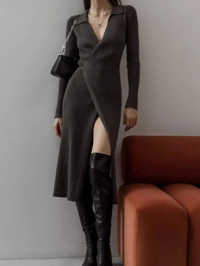Collared Wrap Front Ribbed Knit Midi Dress - Darkgrey