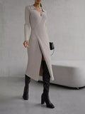 Collared Wrap Front Ribbed Knit Midi Dress - Grey