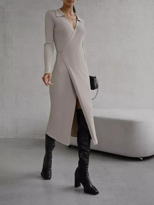 Collared Wrap Front Ribbed Knit Midi Dress - Grey