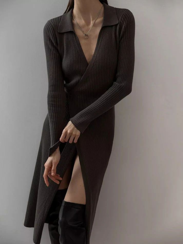 Collared Wrap Front Ribbed Knit Midi Dress