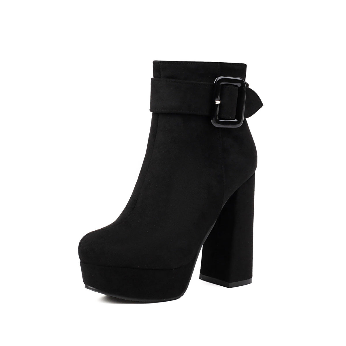 Buckle Cuff Platform Block Heel Ankle Boots - Black