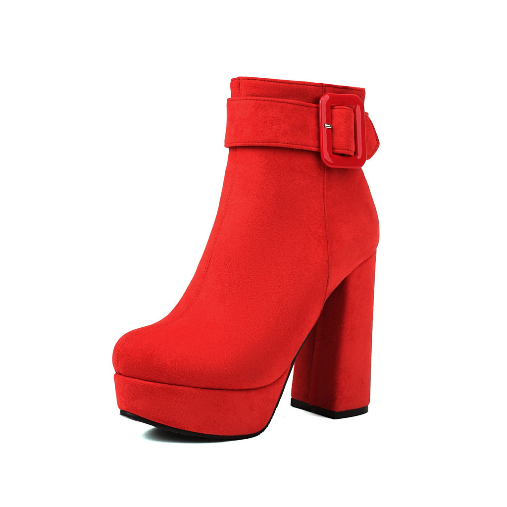 Buckle Cuff Platform Block Heel Ankle Boots - Red