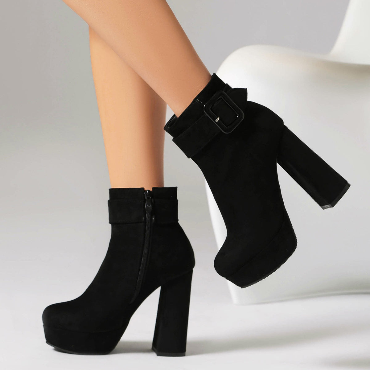 Buckle Cuff Platform Block Heel Ankle Boots