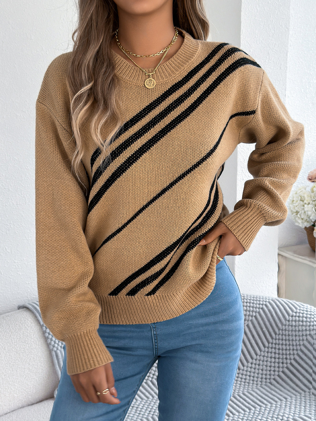 Diagonal Stripe Balloon Sleeve Knit Sweater - Khaki