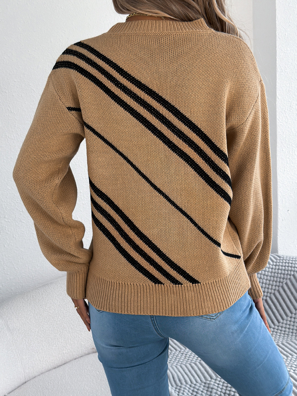 Diagonal Stripe Balloon Sleeve Knit Sweater - Khaki - 1