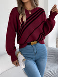 Diagonal Stripe Balloon Sleeve Knit Sweater - Red
