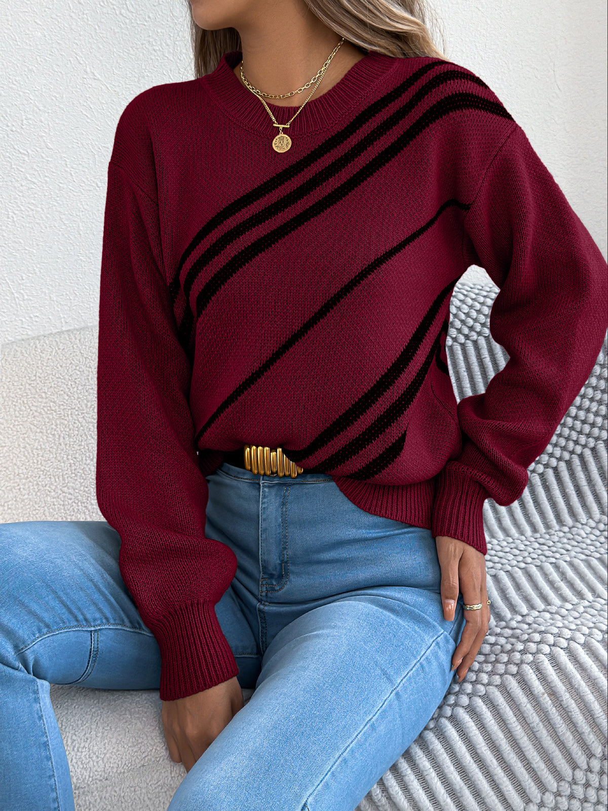 Diagonal Stripe Balloon Sleeve Knit Sweater - Red - 1