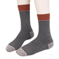 Fine Stripe Knit Contrast Cuff Heel Crew Socks - BrickRed