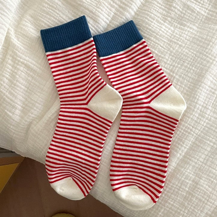 Fine Stripe Knit Contrast Cuff Heel Crew Socks - Navy