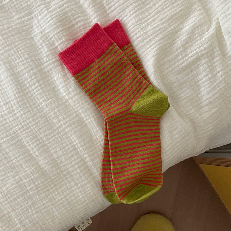 Fine Stripe Knit Contrast Cuff Heel Crew Socks - Red