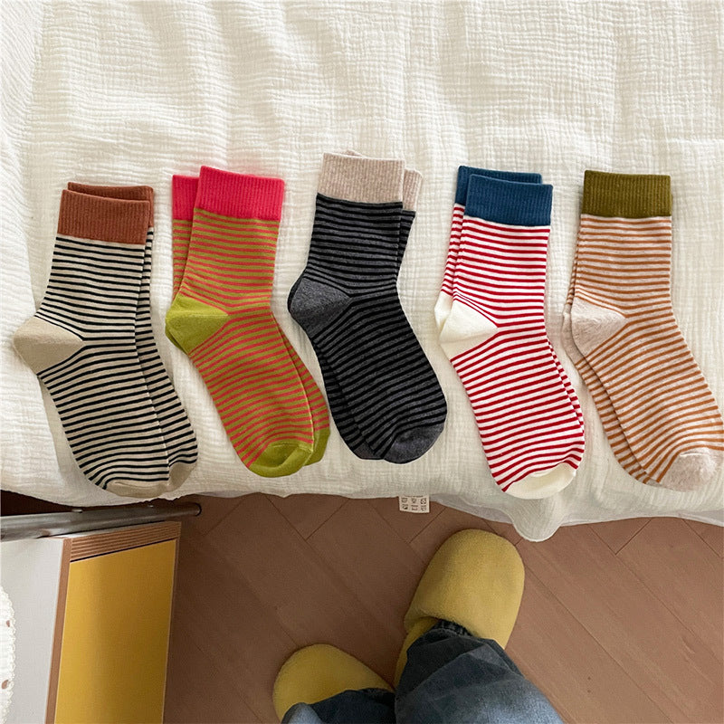 Fine Stripe Knit Contrast Cuff Heel Crew Socks - Red - 1