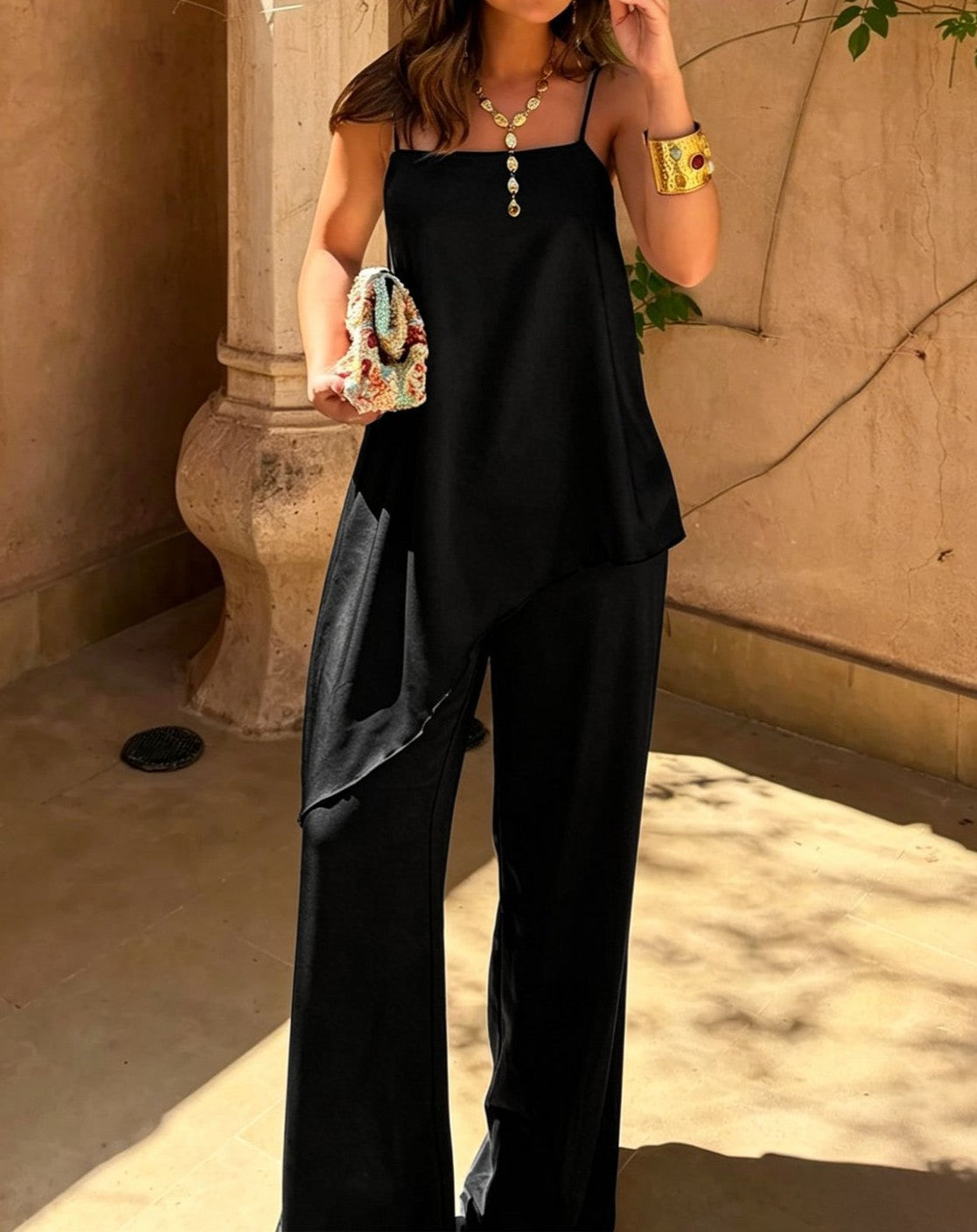 Satin Two Piece Wide Leg Pant Set - Black