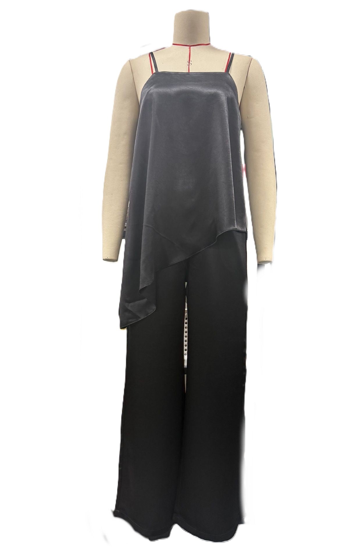 Satin Two Piece Wide Leg Pant Set - Black - 1