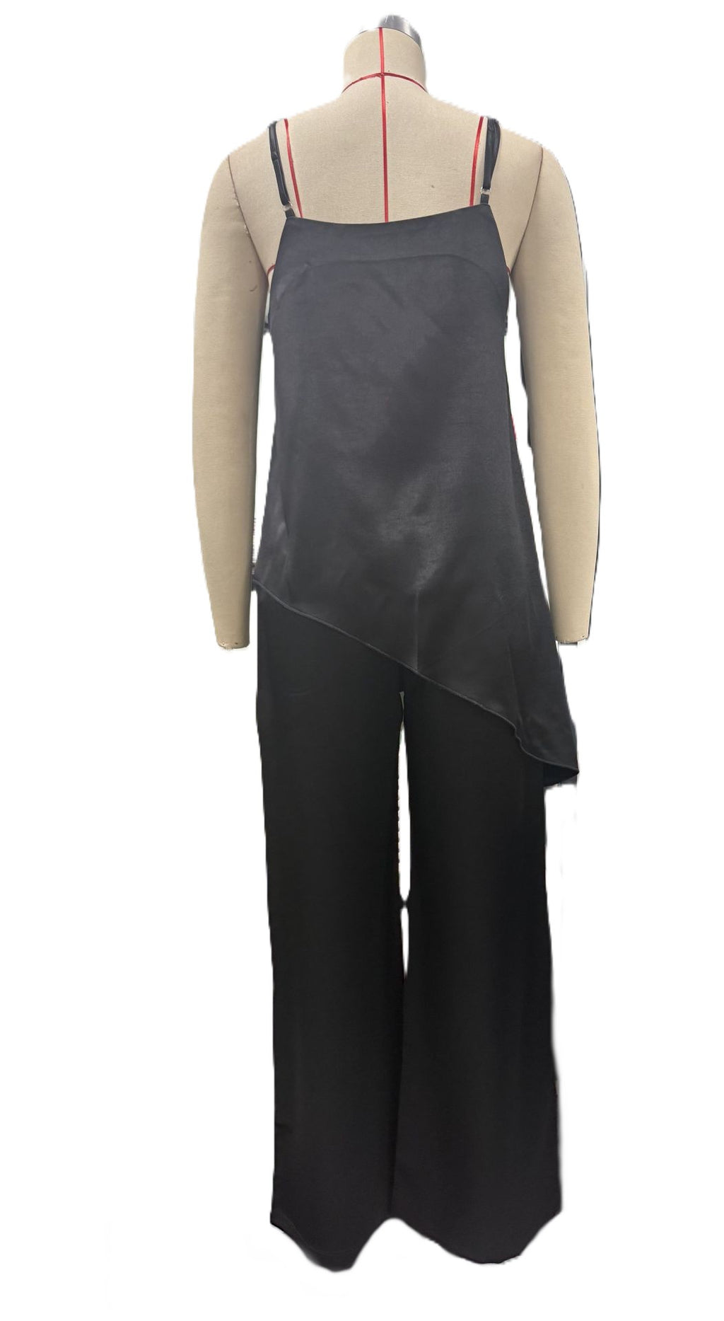 Satin Two Piece Wide Leg Pant Set - Black - 2