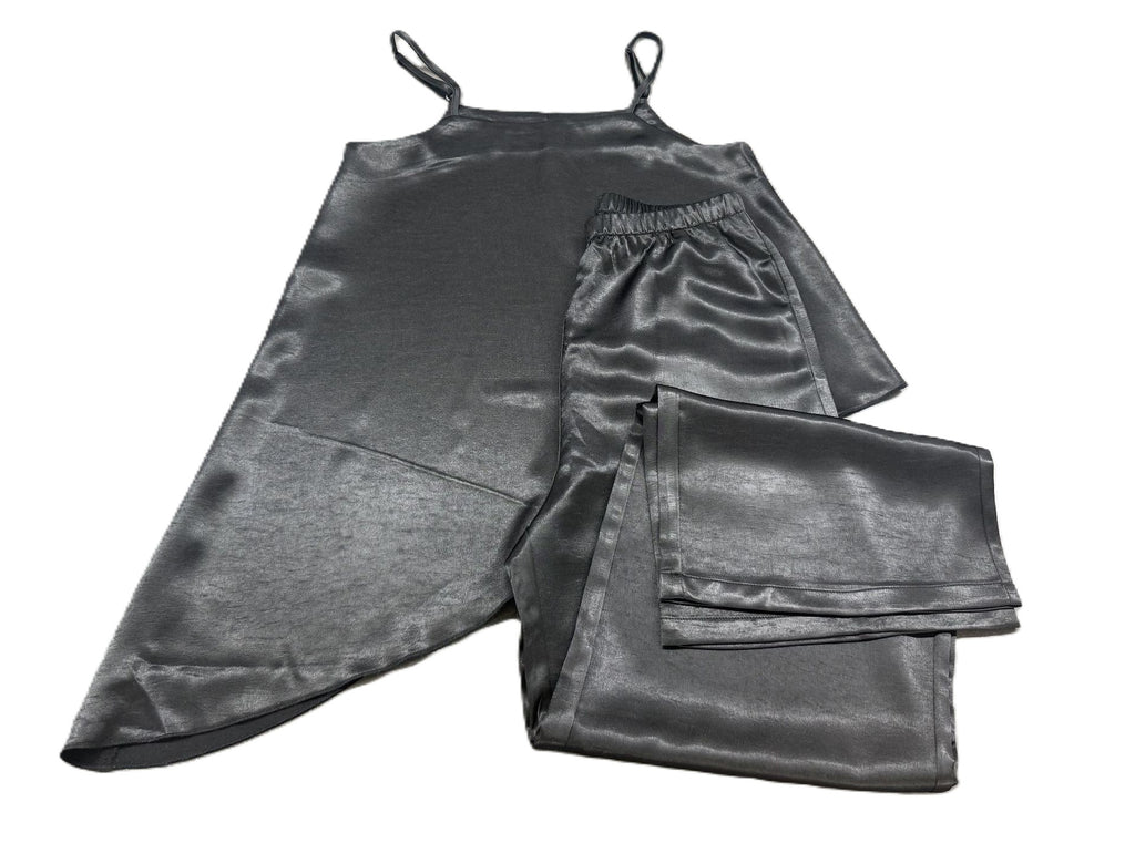 Satin Two Piece Wide Leg Pant Set - Black - 3