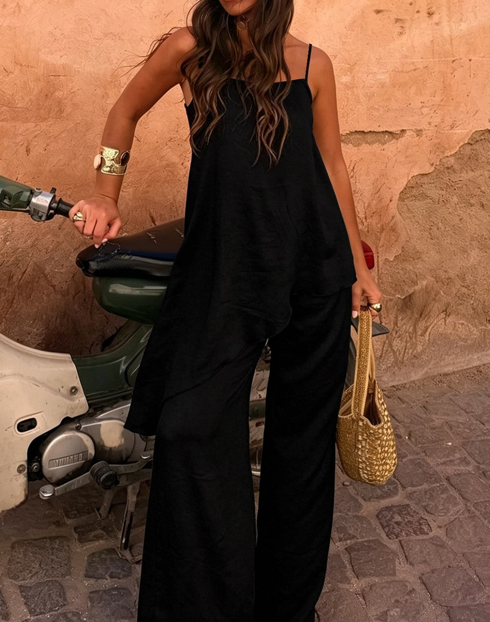 Satin Two Piece Wide Leg Pant Set - Black - 5