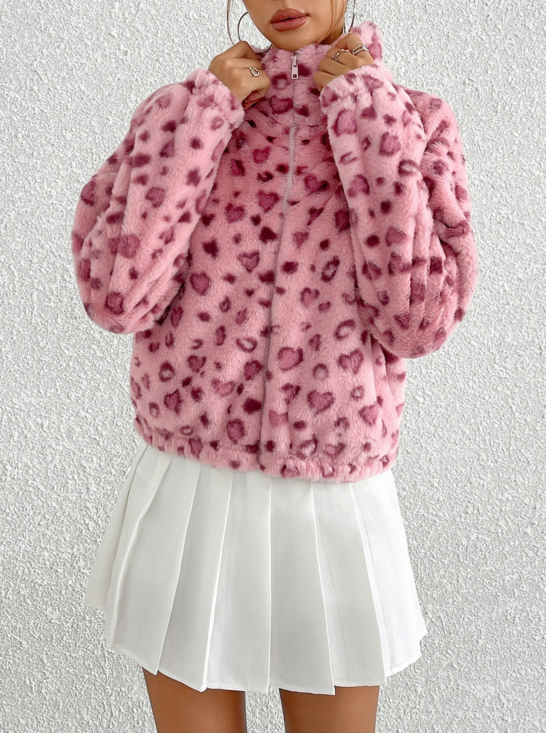 Heart Print Fluffy Plush Jacket - Pink