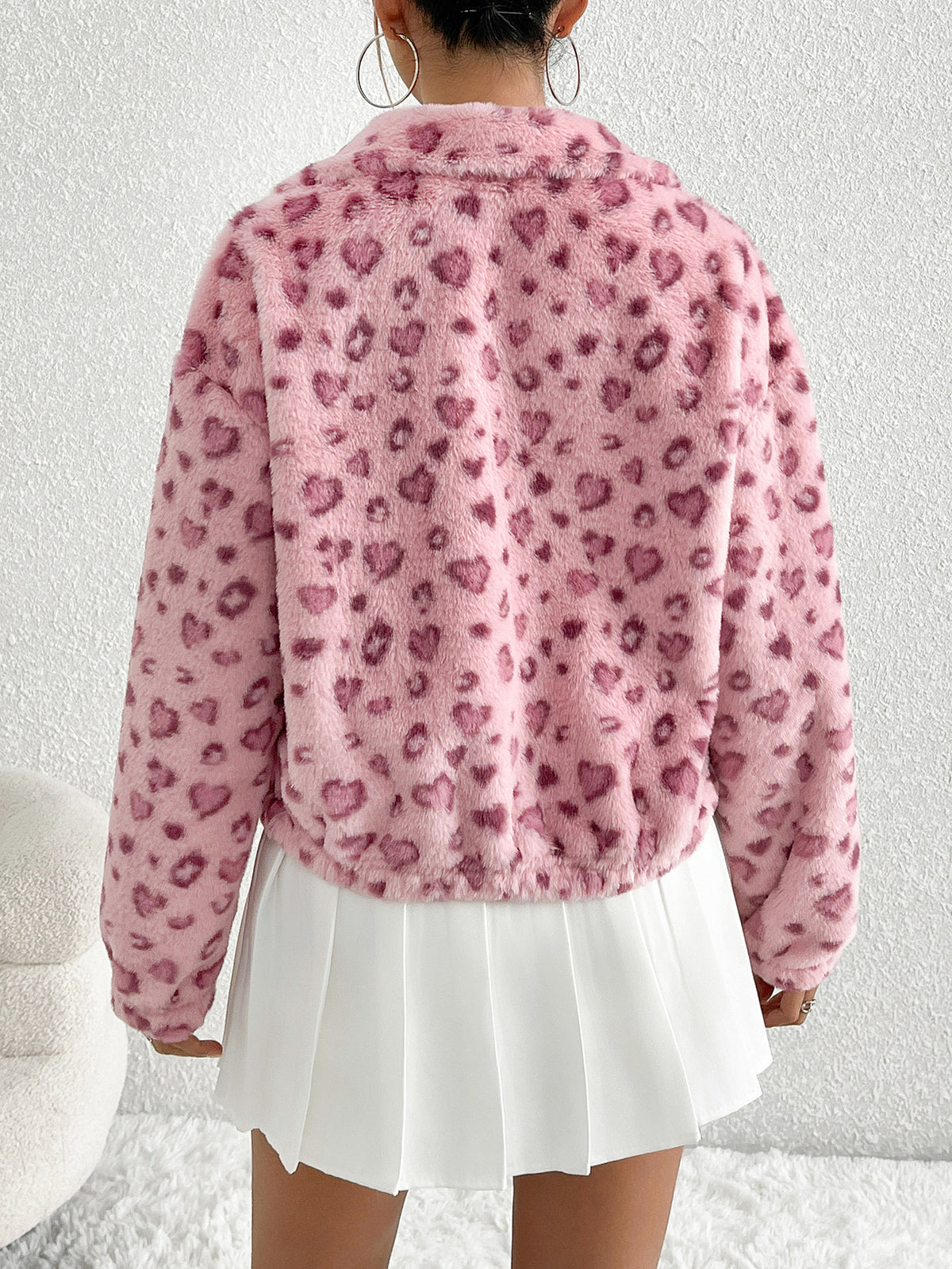 Heart Print Fluffy Plush Jacket - Pink - 1