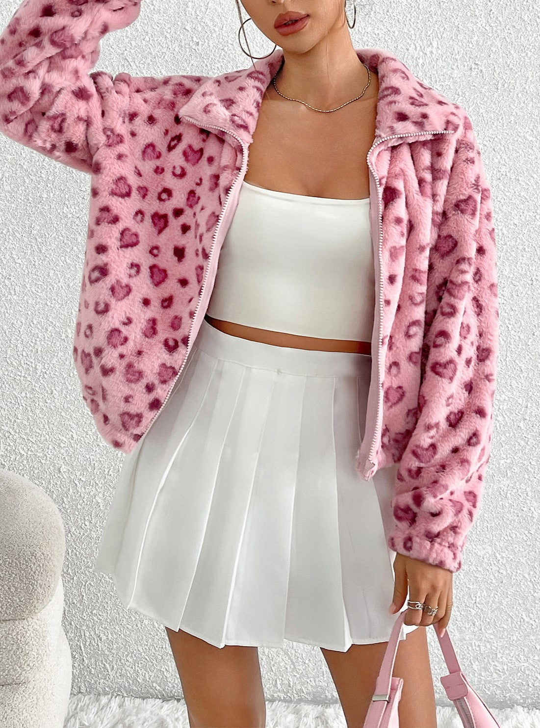 Heart Print Fluffy Plush Jacket - Pink - 2