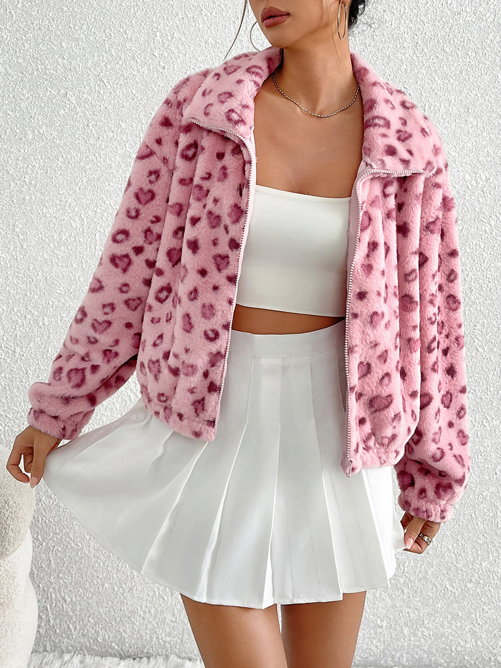Heart Print Fluffy Plush Jacket - Pink - 3