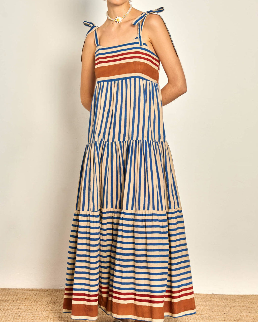 Printed Tie Strap Tiered Maxi Sundress - Blue
