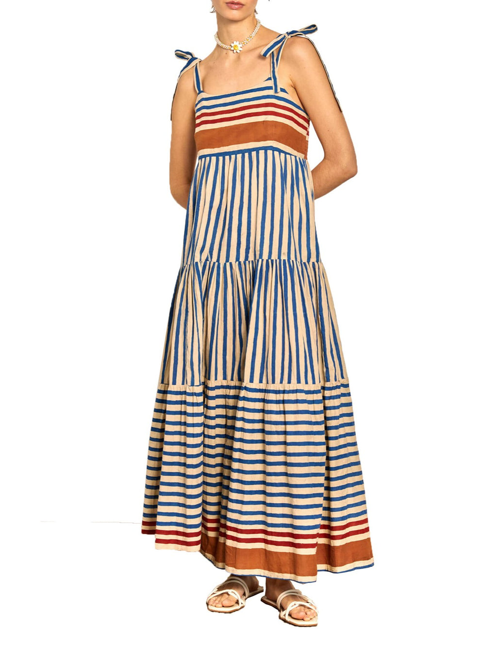Printed Tie Strap Tiered Maxi Sundress - Blue - 2