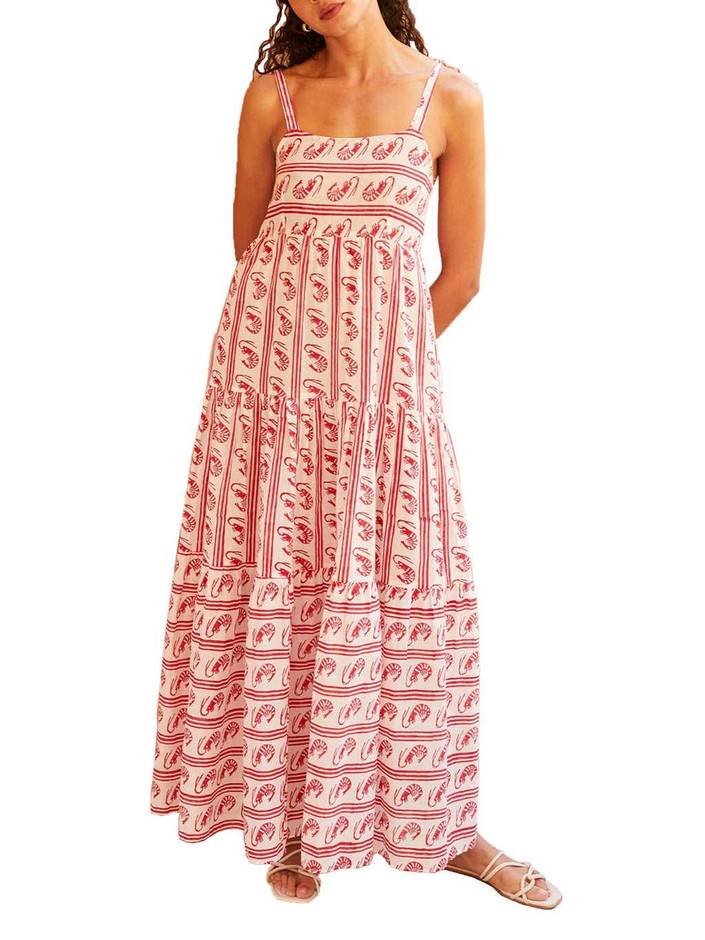Printed Tie Strap Tiered Maxi Sundress - Red