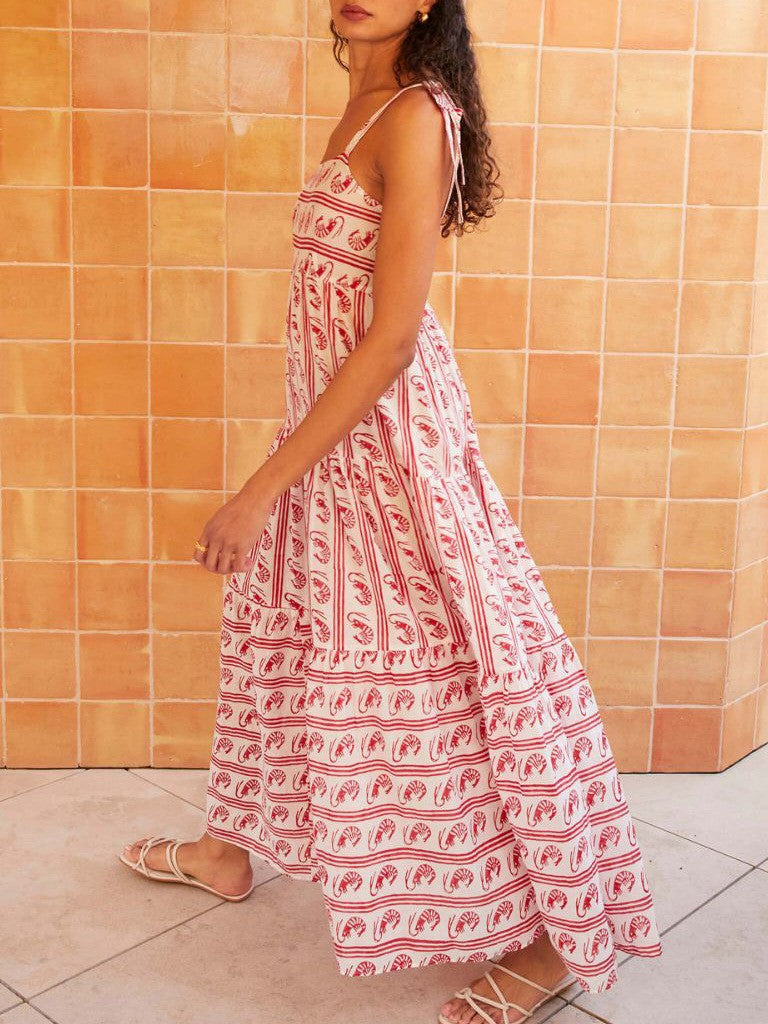 Printed Tie Strap Tiered Maxi Sundress - Red - 2