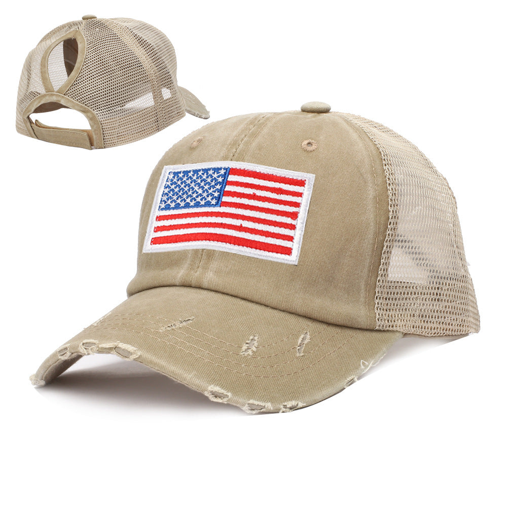 Distressed Flag Patch Mesh Trucker Cap - Khaki