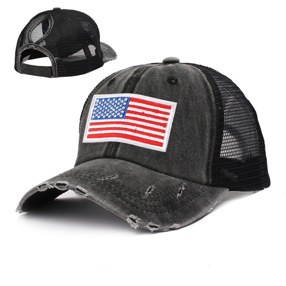 Distressed Flag Patch Mesh Trucker Cap - black