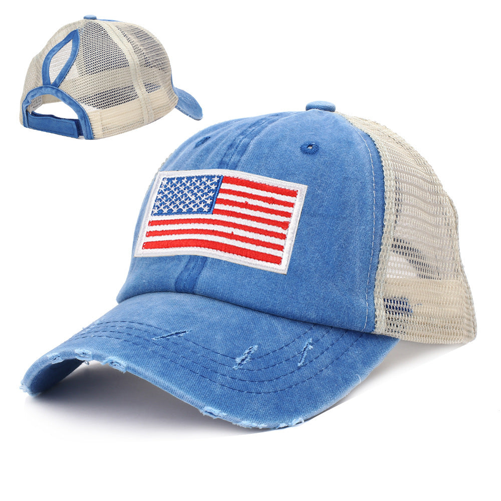 Distressed Flag Patch Mesh Trucker Cap - blue