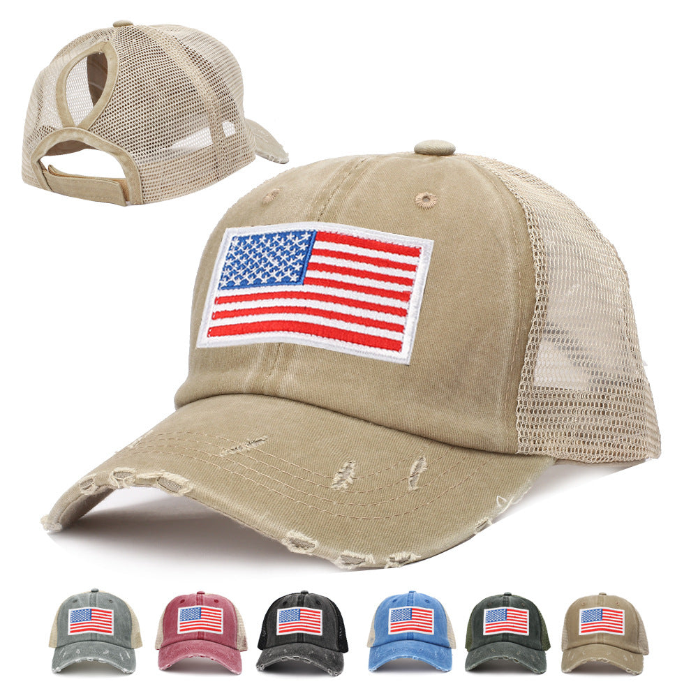 Distressed Flag Patch Mesh Trucker Cap