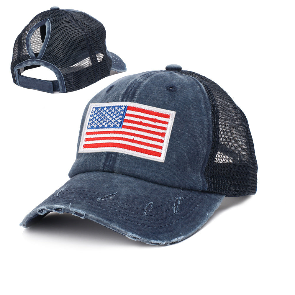 Distressed Flag Patch Mesh Trucker Cap - navyblue