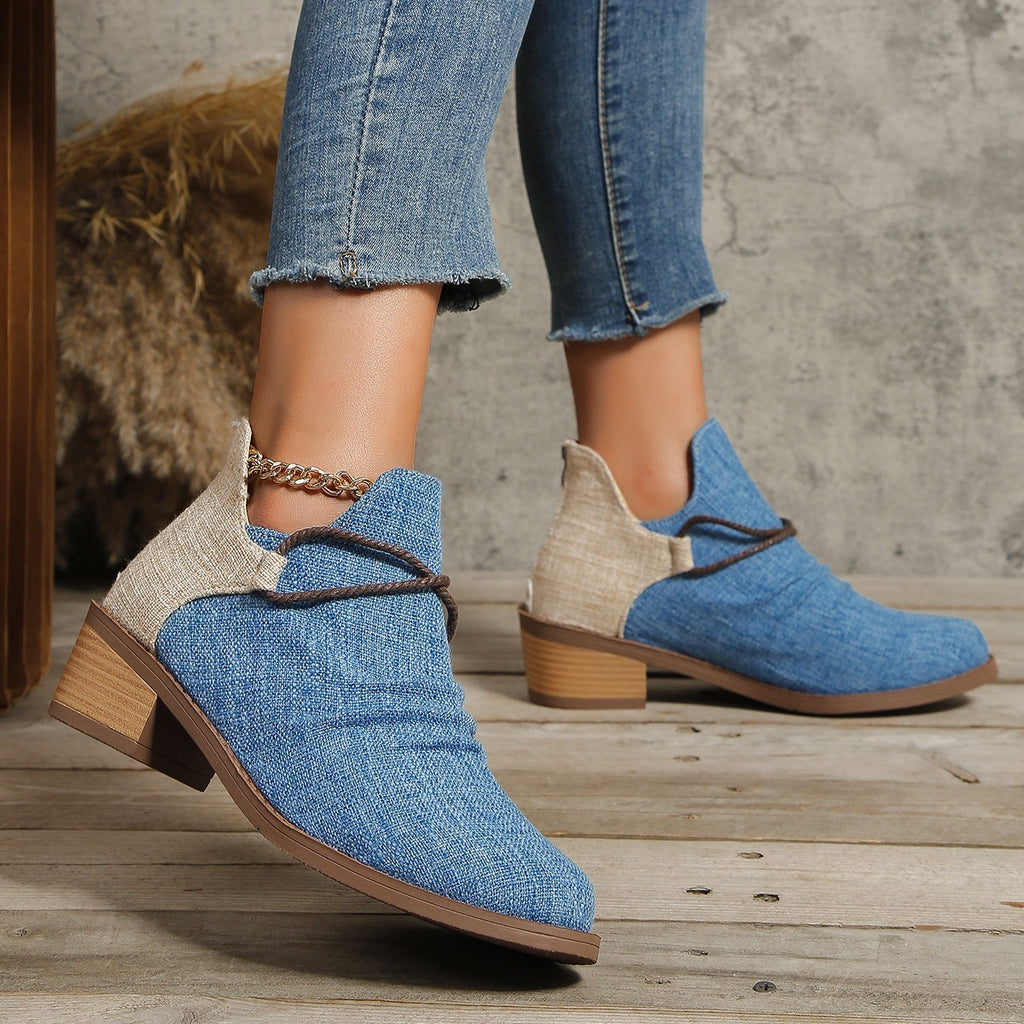Ruched Cord Wrap Block Heel Ankle Booties - Denim Blue
