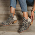 Ruched Cord Wrap Block Heel Ankle Booties - Leopard