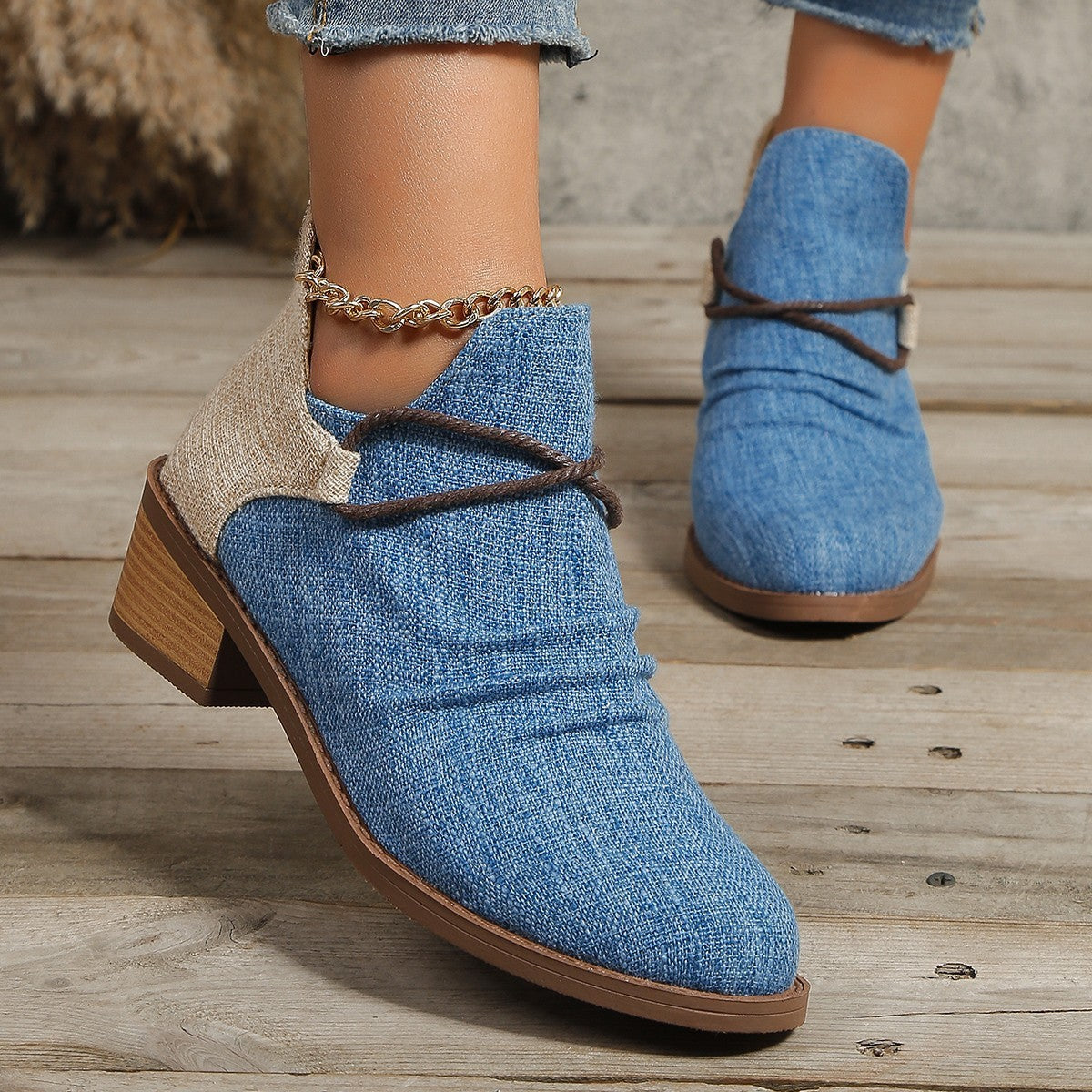 Ruched Cord Wrap Block Heel Ankle Booties