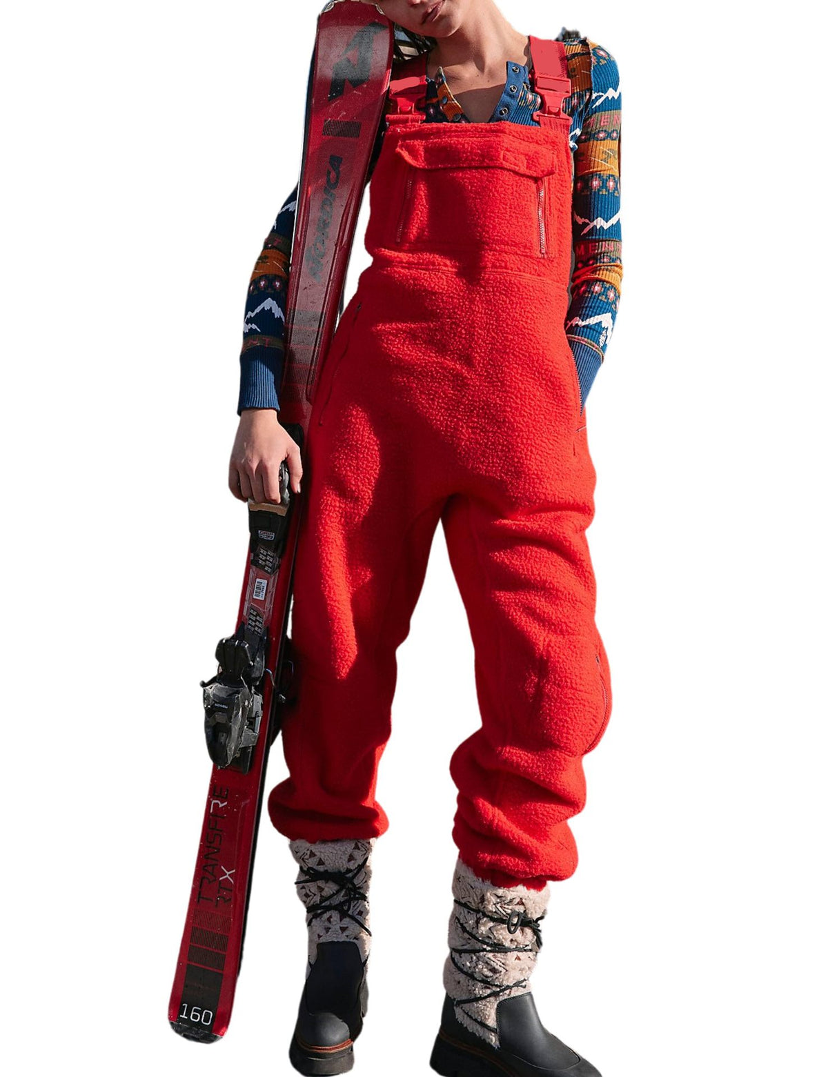 Sherpa Fleece Bib Overall Jumpsuit - Red