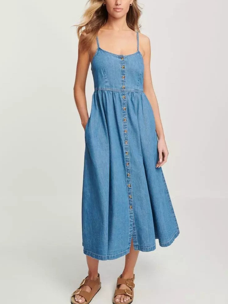 Button Through Denim Midi Sundress - Blue