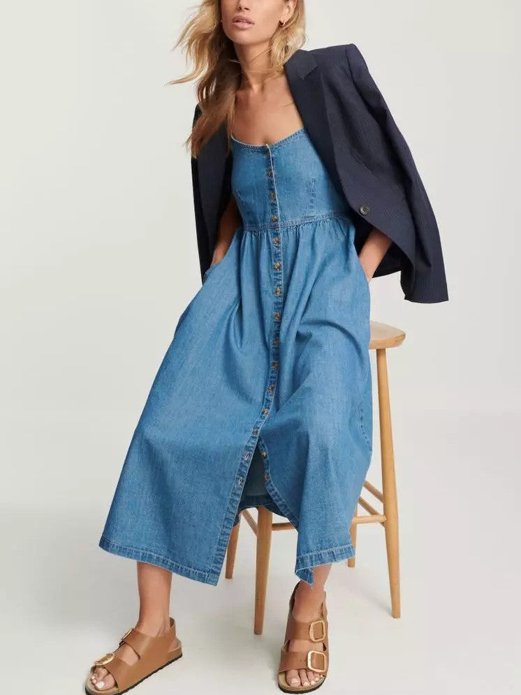 Button Through Denim Midi Sundress - Blue - 1