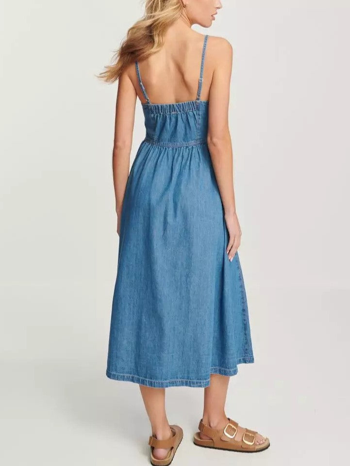 Button Through Denim Midi Sundress - Blue - 3