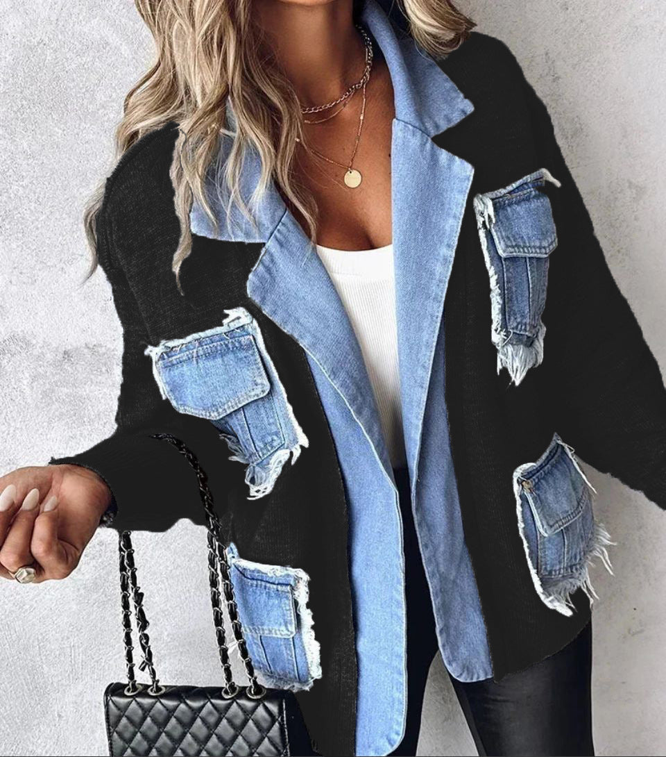 Raw Edge Denim Patchwork Knit Coat - Black