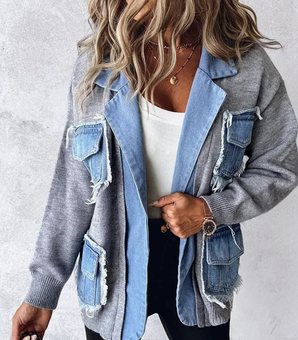 Raw Edge Denim Patchwork Knit Coat - Grey