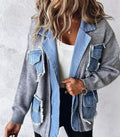 Raw Edge Denim Patchwork Knit Coat - Grey