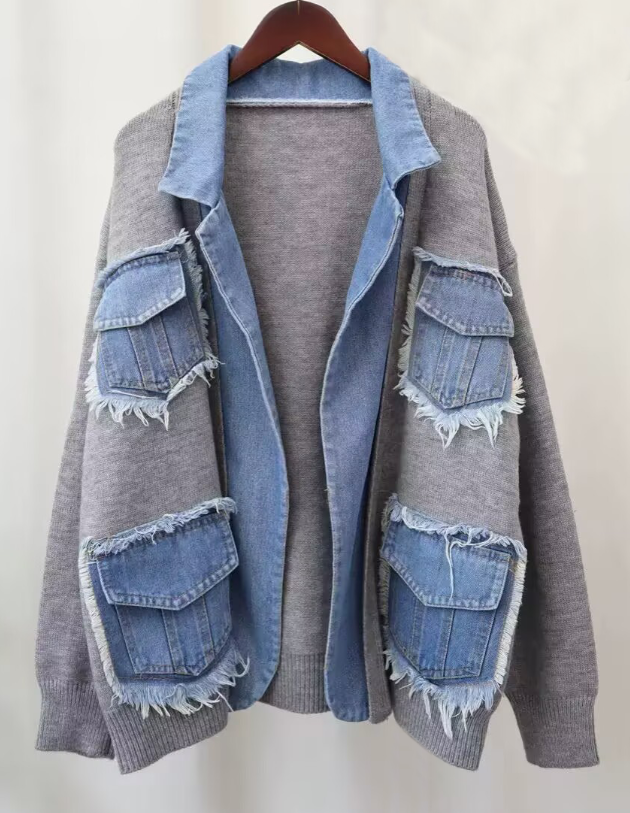 Raw Edge Denim Patchwork Knit Coat - Grey - 1