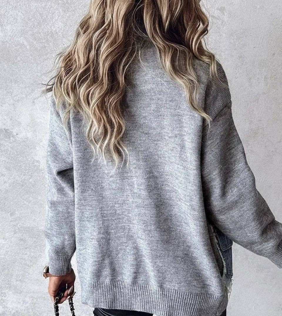 Raw Edge Denim Patchwork Knit Coat - Grey - 2