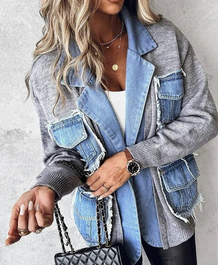 Raw Edge Denim Patchwork Knit Coat - Grey - 3