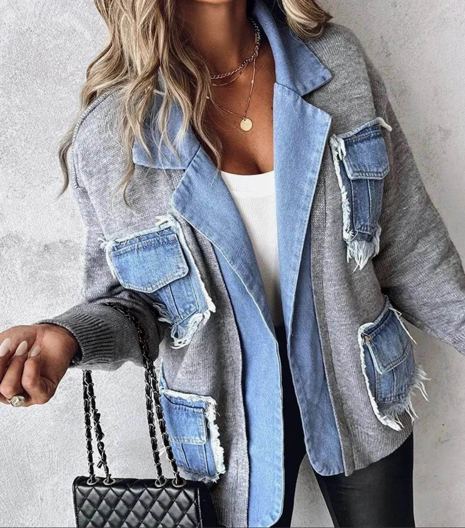 Raw Edge Denim Patchwork Knit Coat - Grey - 4
