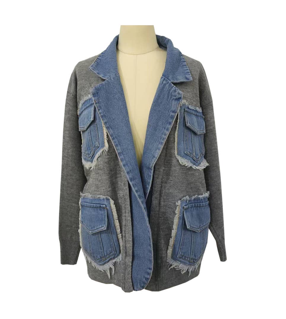 Raw Edge Denim Patchwork Knit Coat
