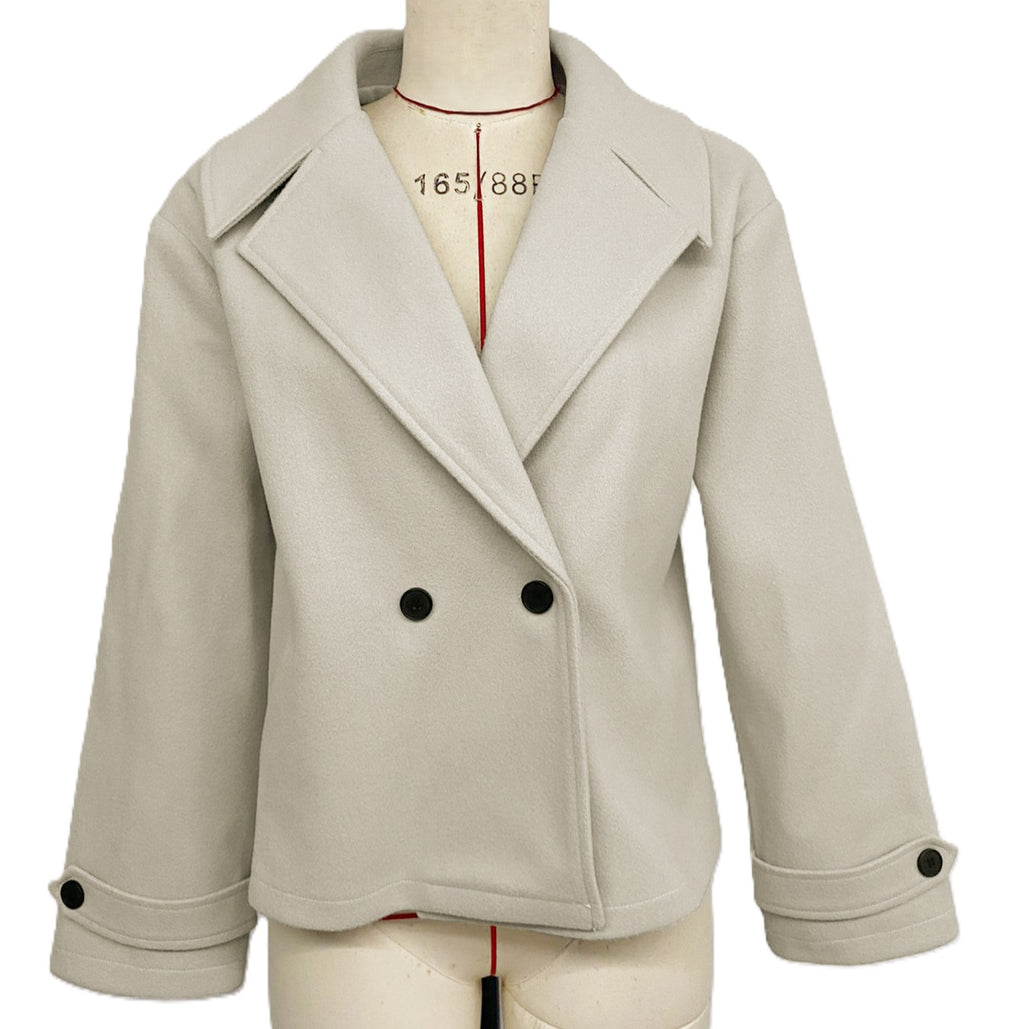 Cropped Double Breasted Lapel Short Coat - Grey