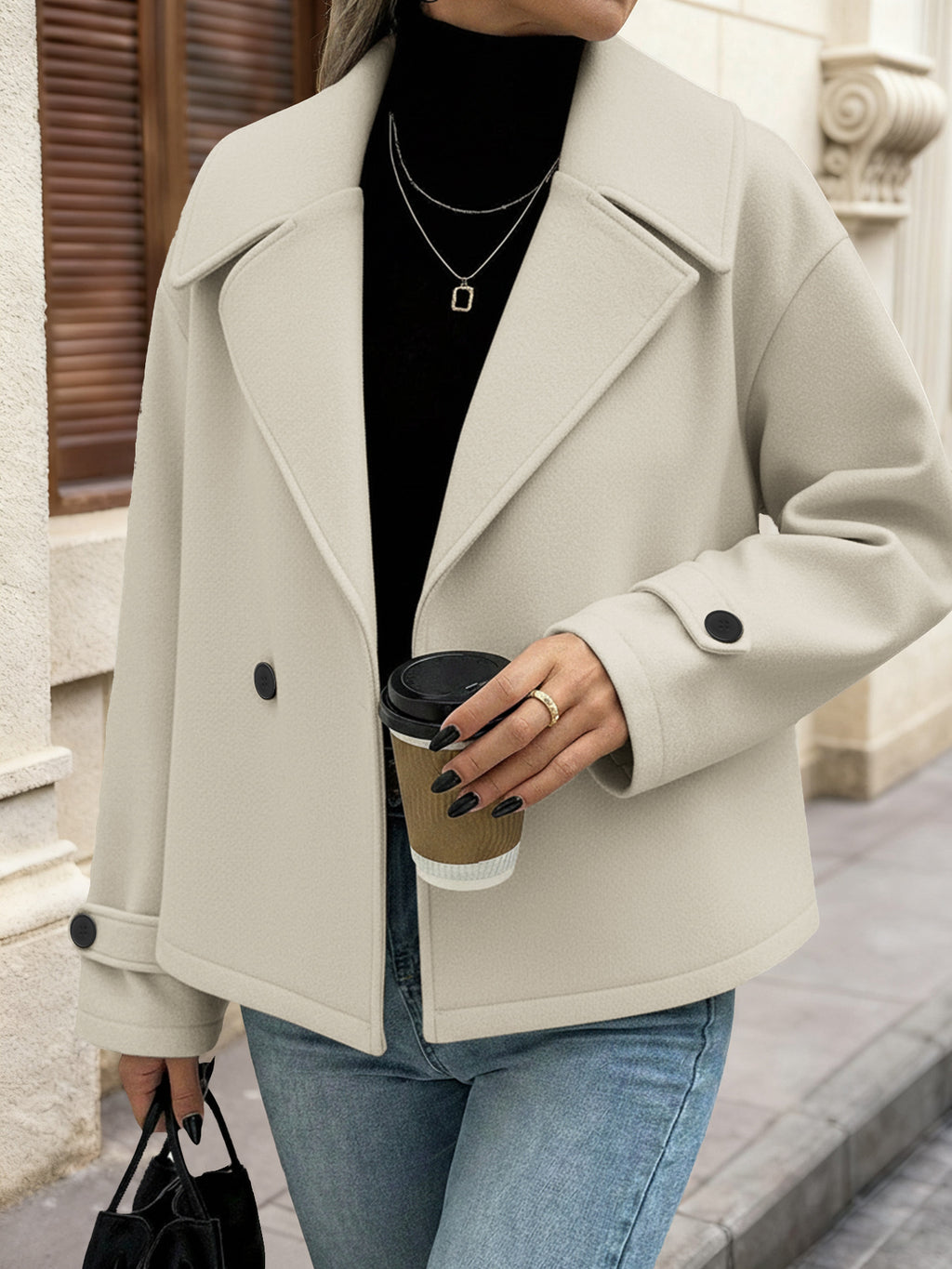 Cropped Double Breasted Lapel Short Coat - Grey - 3